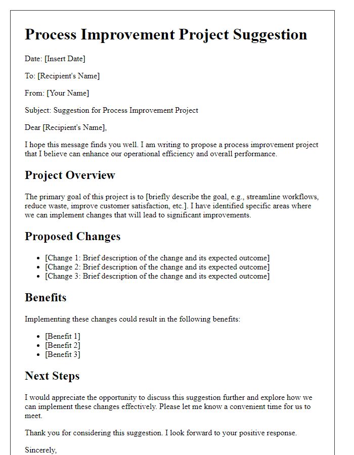 Letter template of process improvement project suggestion