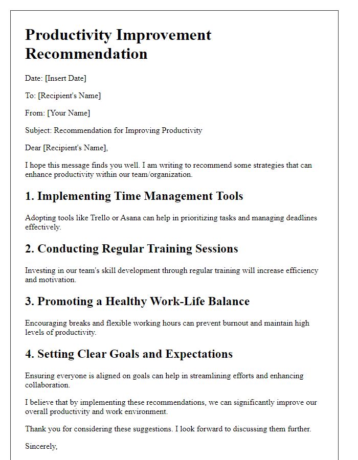 Letter template of productivity improvement recommendation
