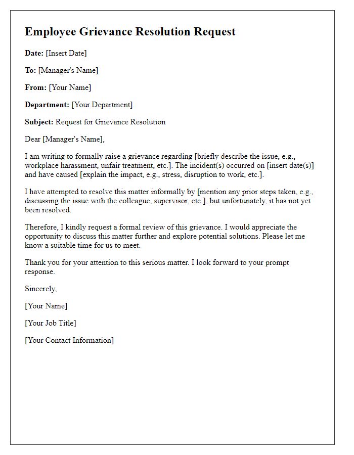 Letter template of employee grievance resolution request