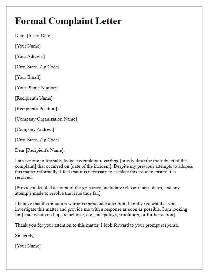 Letter template of formal complaint for grievance handling