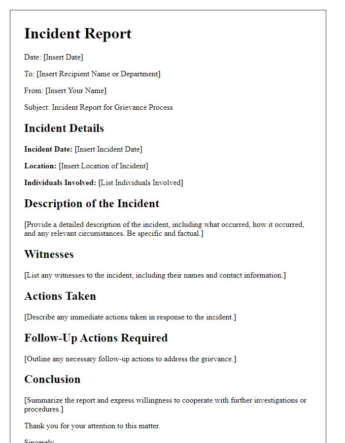 Letter template of incident report for grievance process