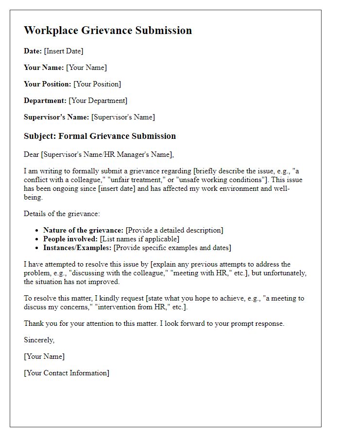 Letter template of workplace grievance submission