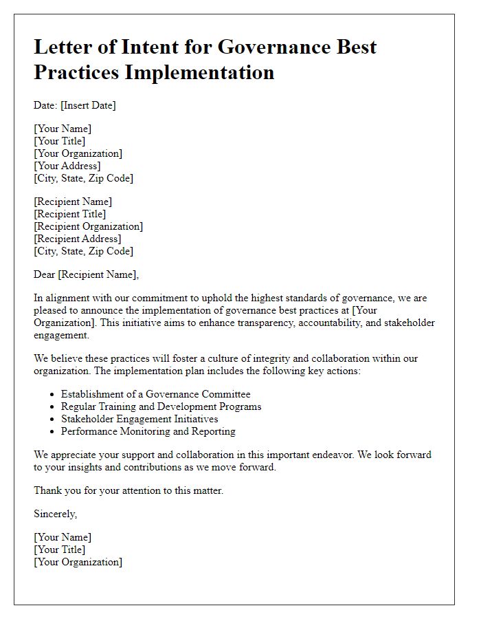 Letter template of governance best practices implementation