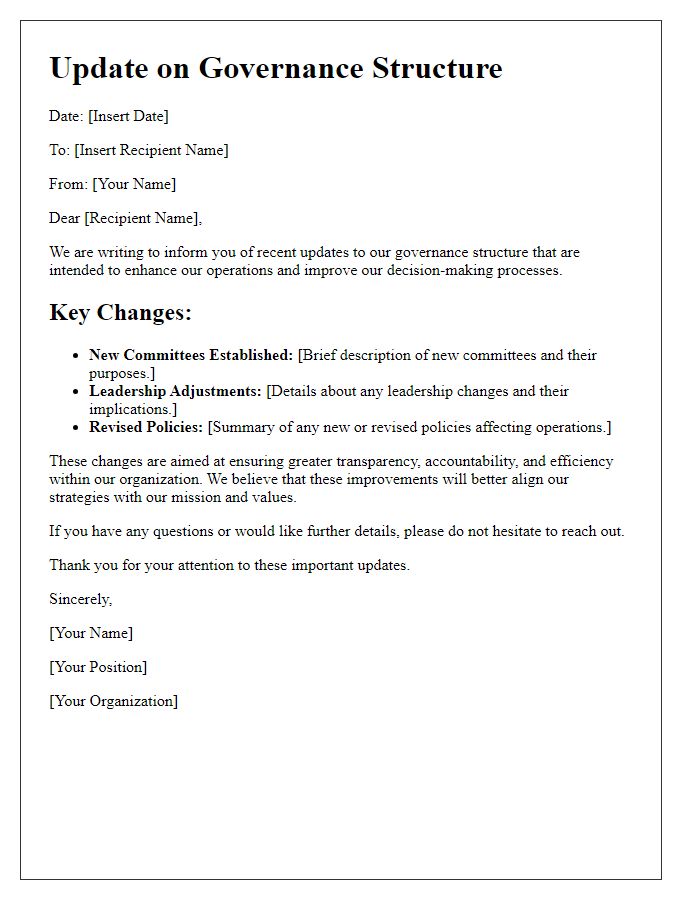 Letter template of updates on governance structure