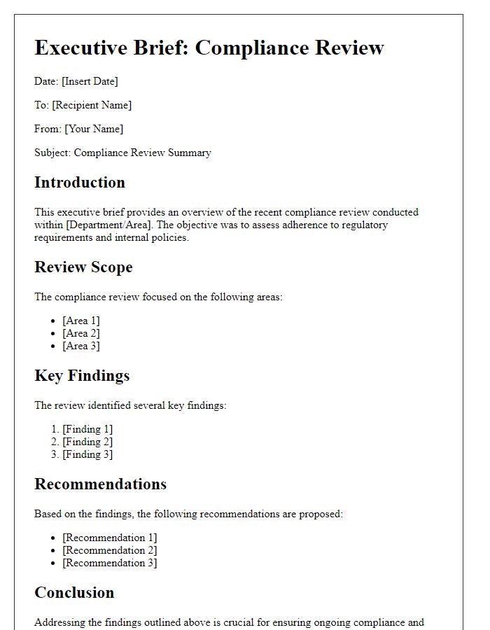 Letter template of executive brief for compliance reviews