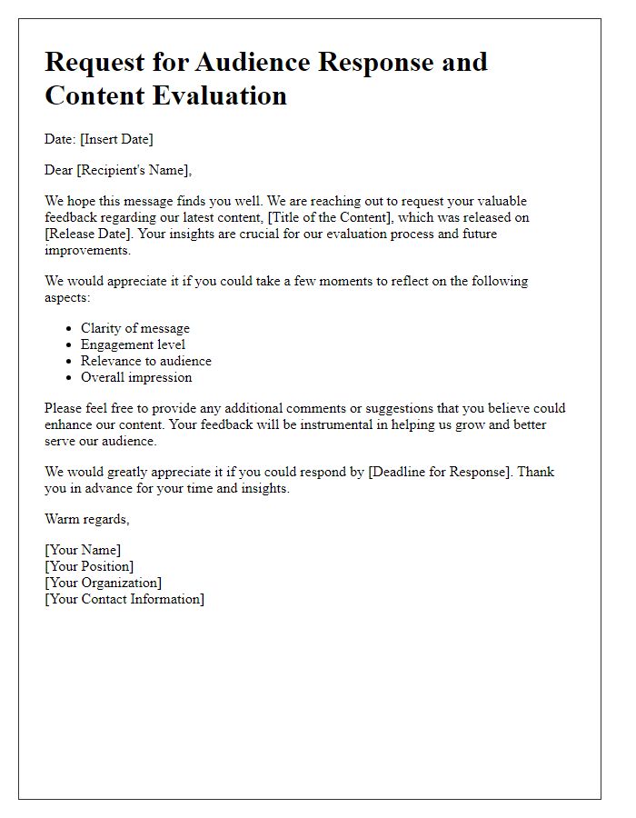 Letter template of audience response request for content evaluation.