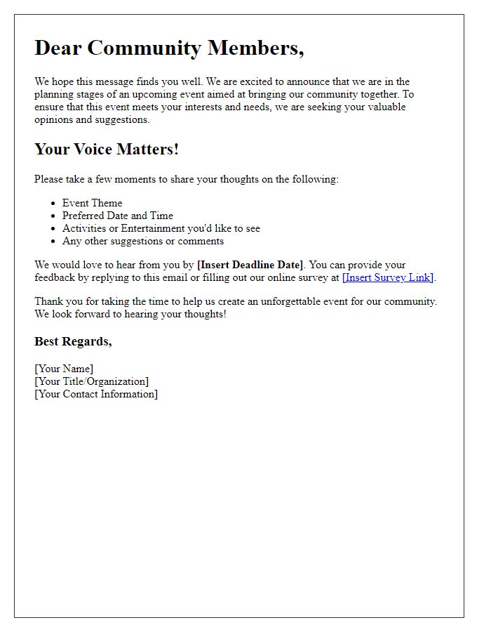 Letter template of community opinion collection for event planning.