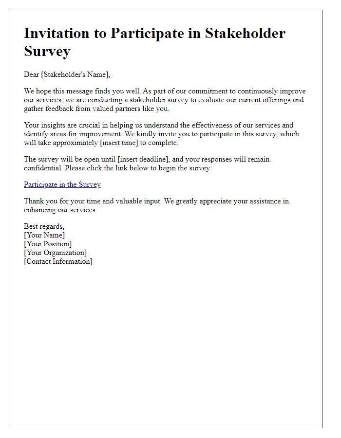 Letter template of stakeholder survey invitation for service evaluation.