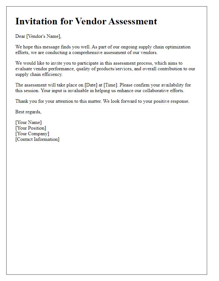 Letter template of vendor assessment invitation for supply chain optimization.