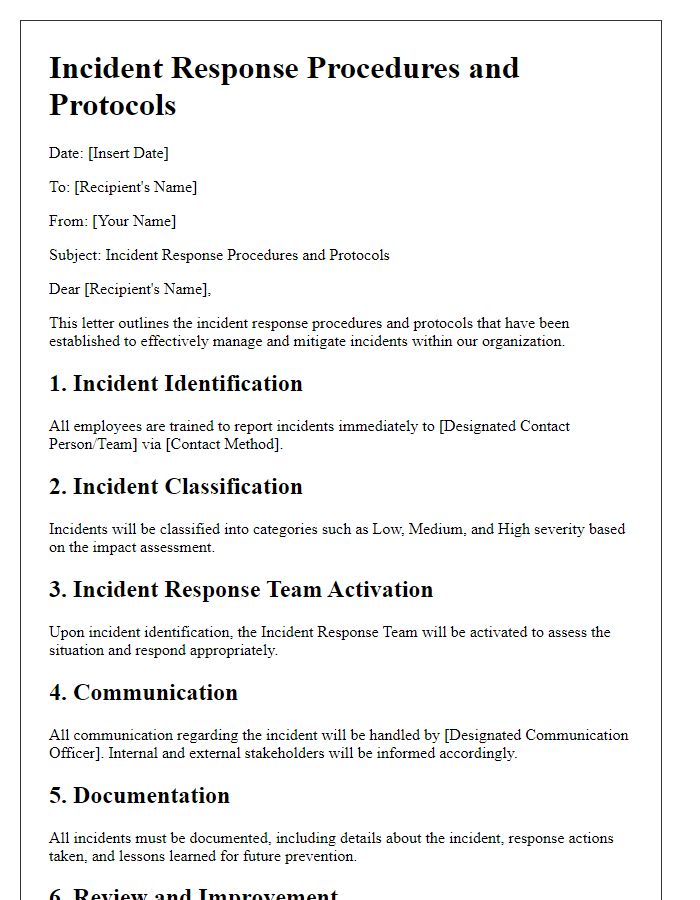 Letter template of incident response procedures and protocols