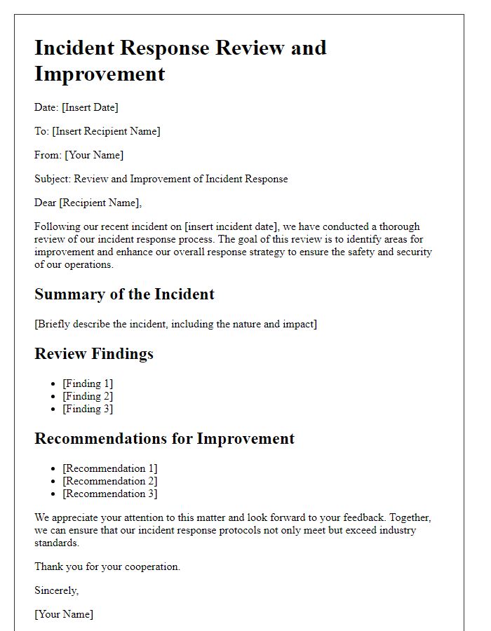 Letter template of incident response review and improvement