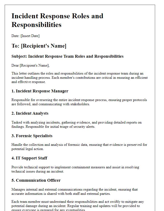 Letter template of incident response roles and responsibilities