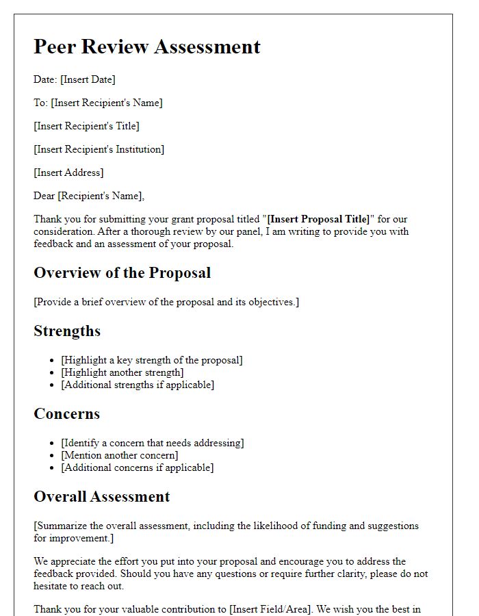 Letter template of peer review assessment for grant proposal