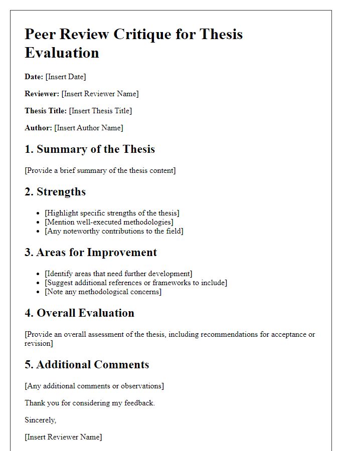 Letter template of peer review critique for thesis evaluation