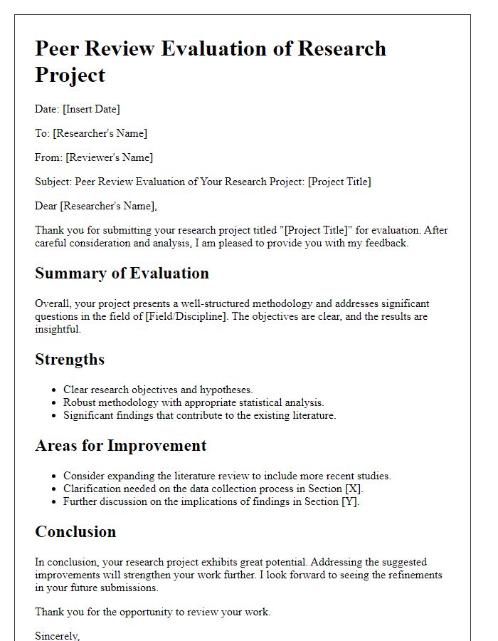 Letter template of peer review evaluation for research project