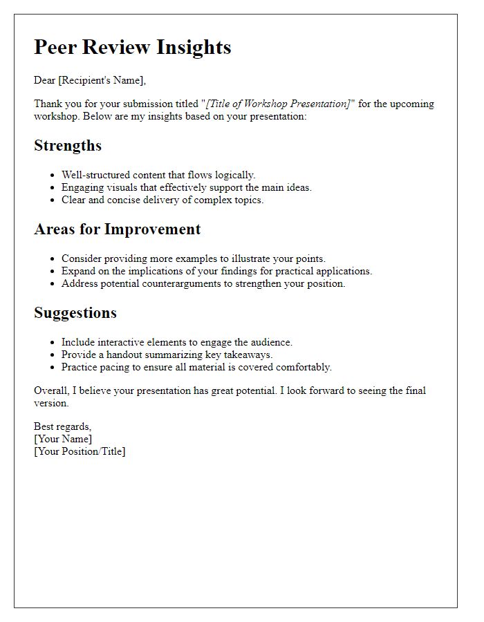 Letter template of peer review insights for workshop presentation