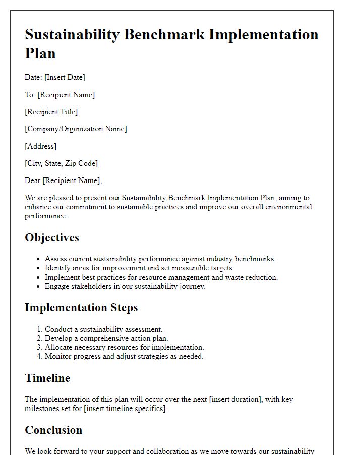 Letter template of sustainability benchmark implementation plan