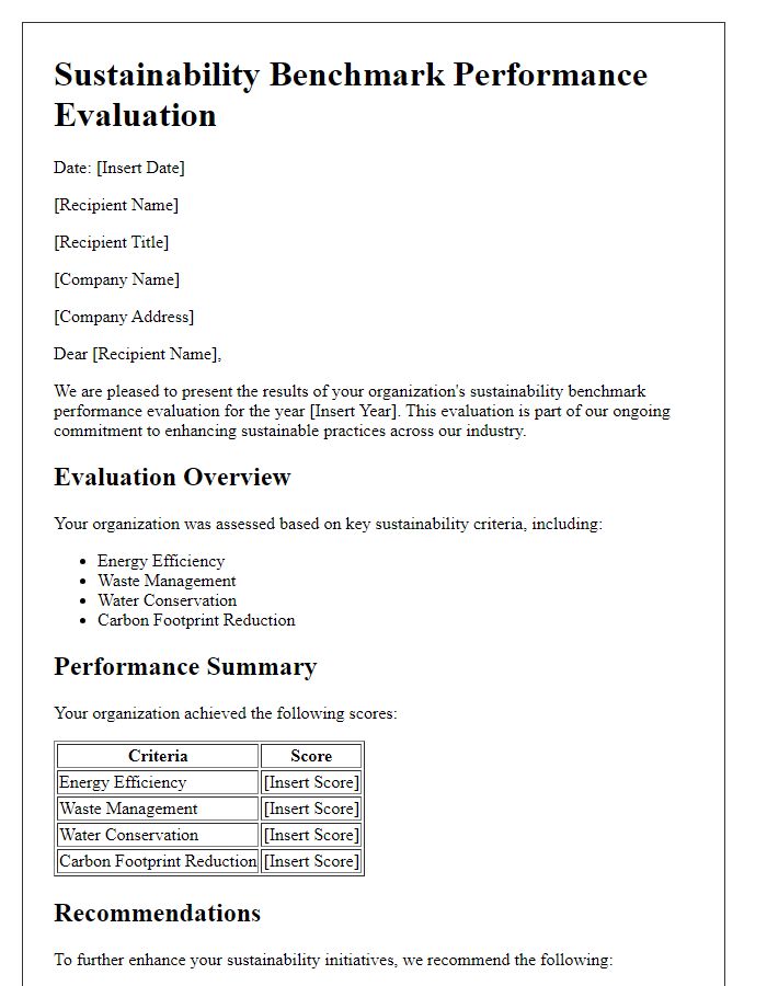 Letter template of sustainability benchmark performance evaluation