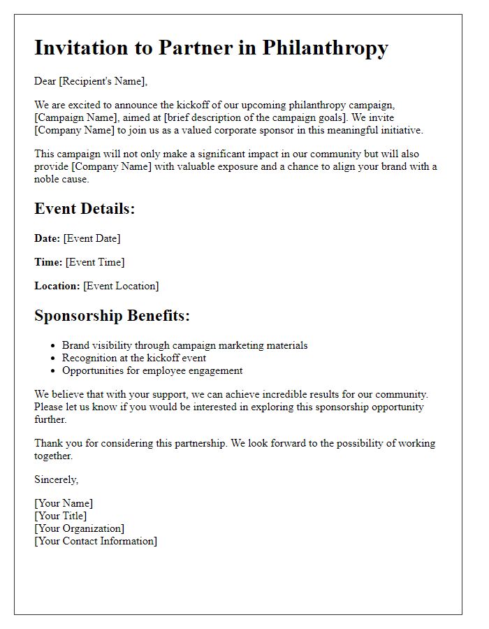 Letter template of corporate sponsorship invitation for philanthropy campaign kickoff