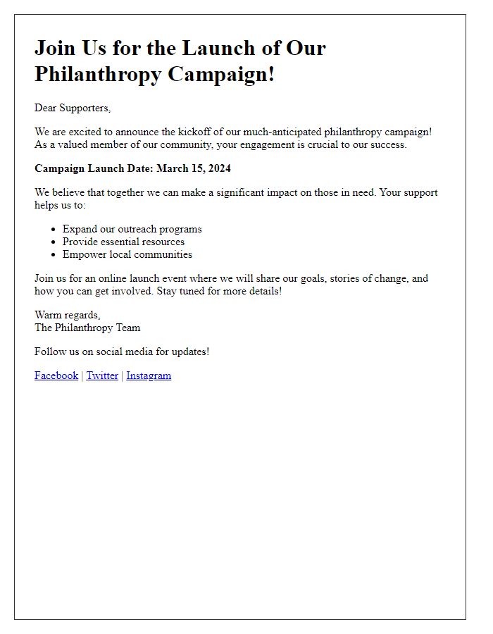 Letter template of email newsletter update for philanthropy campaign kickoff