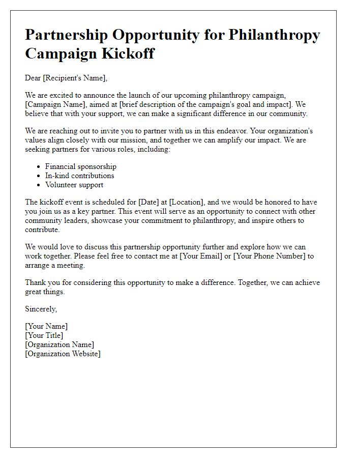 Letter template of partnership opportunities for philanthropy campaign kickoff