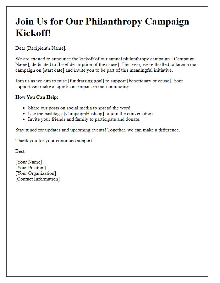 Letter template of social media promotion for philanthropy campaign kickoff