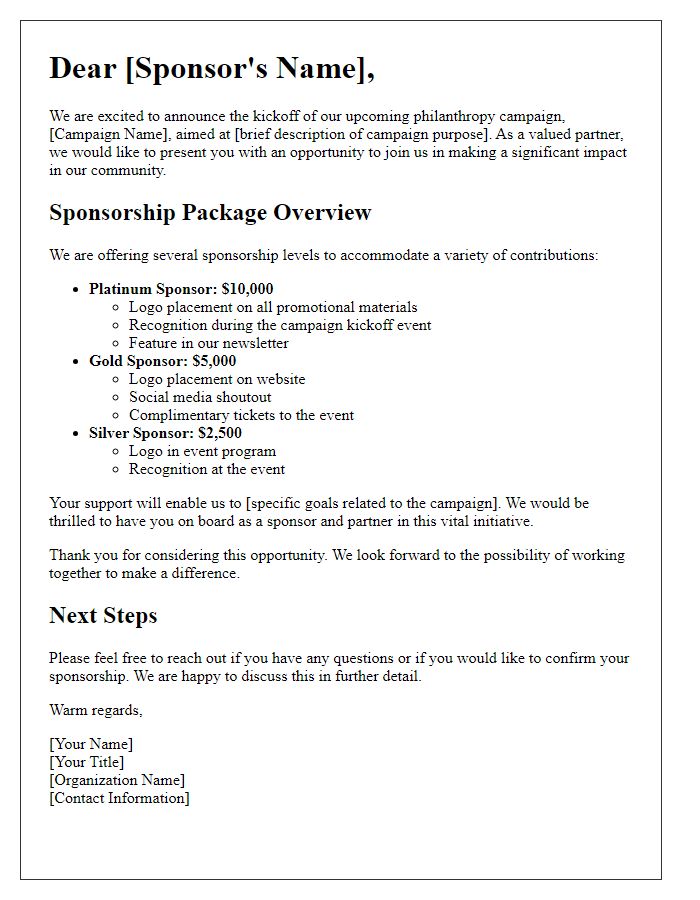 Letter template of sponsorship package overview for philanthropy campaign kickoff