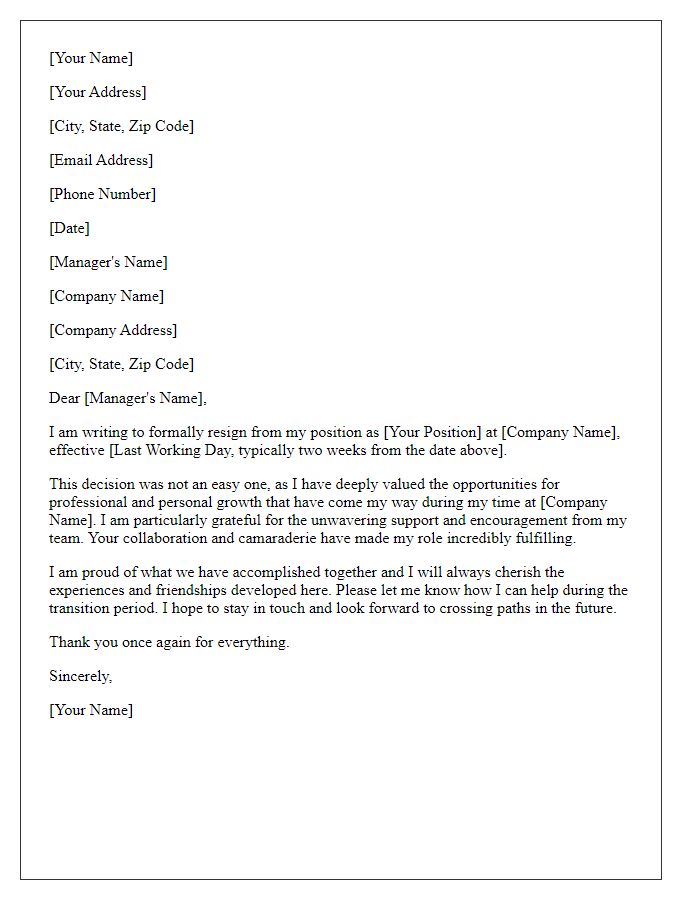 Letter template of resignation from a managerial position with appreciation for team support