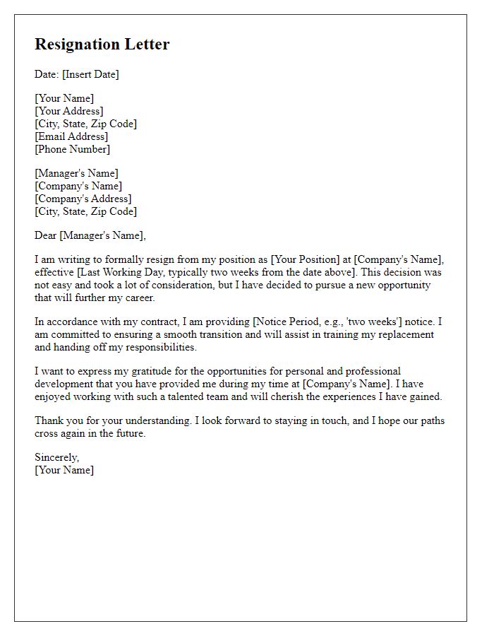 Letter template of resignation from a managerial position with notice period specification