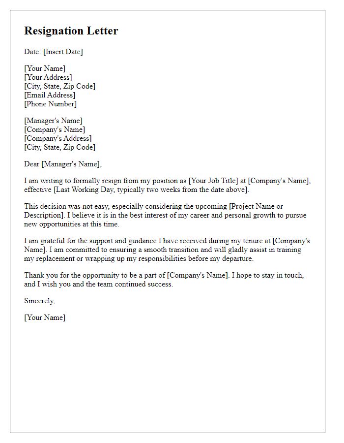 Letter template of resignation from a managerial role before a planned project