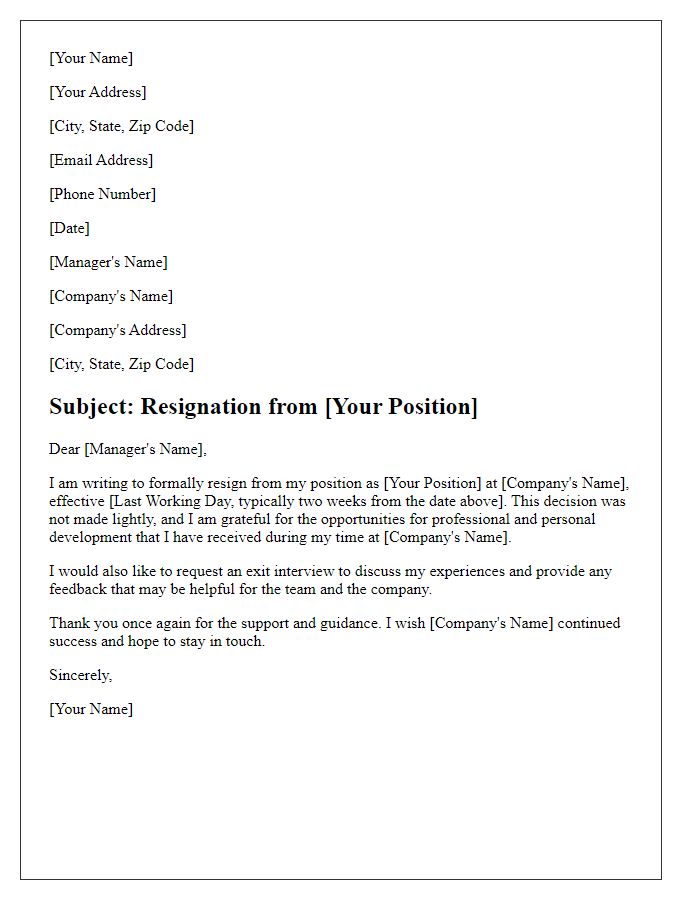 Letter template of resignation from a managerial role with a request for an exit interview