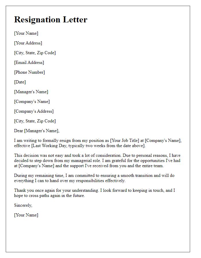 Letter template of resignation for a managerial role due to personal reasons