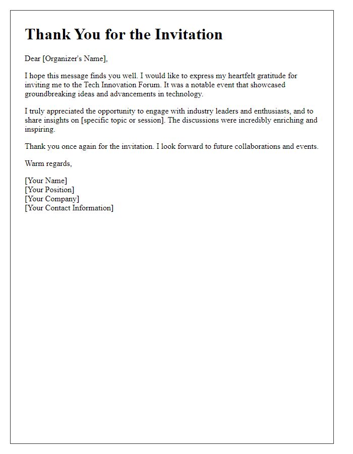 Letter template of thank you for tech innovation forum invitation