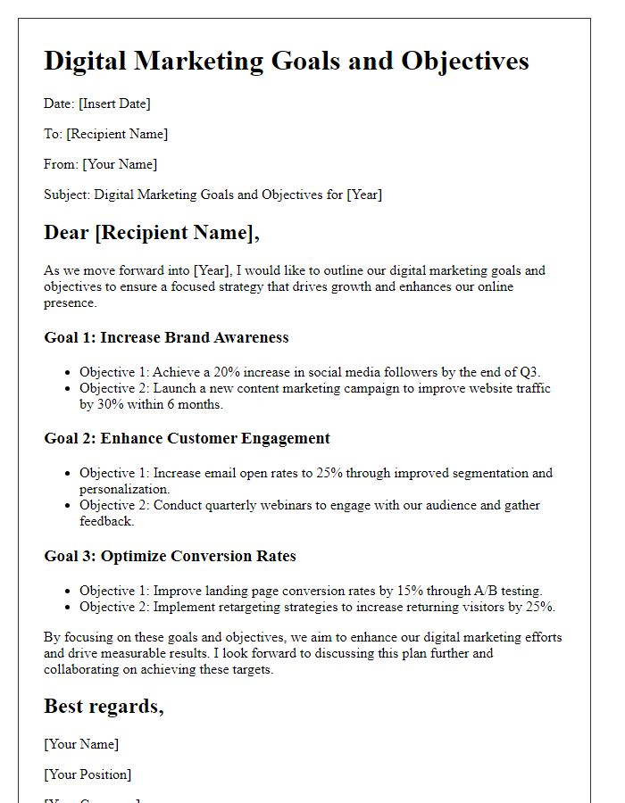 Letter template of digital marketing goals and objectives