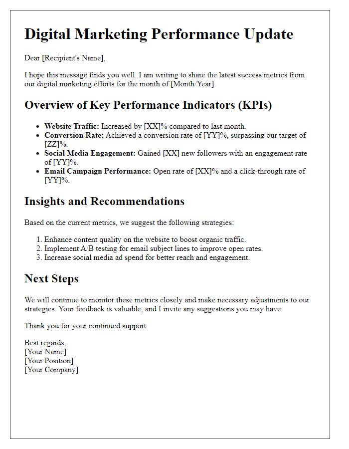 Letter template of digital marketing success metrics communication