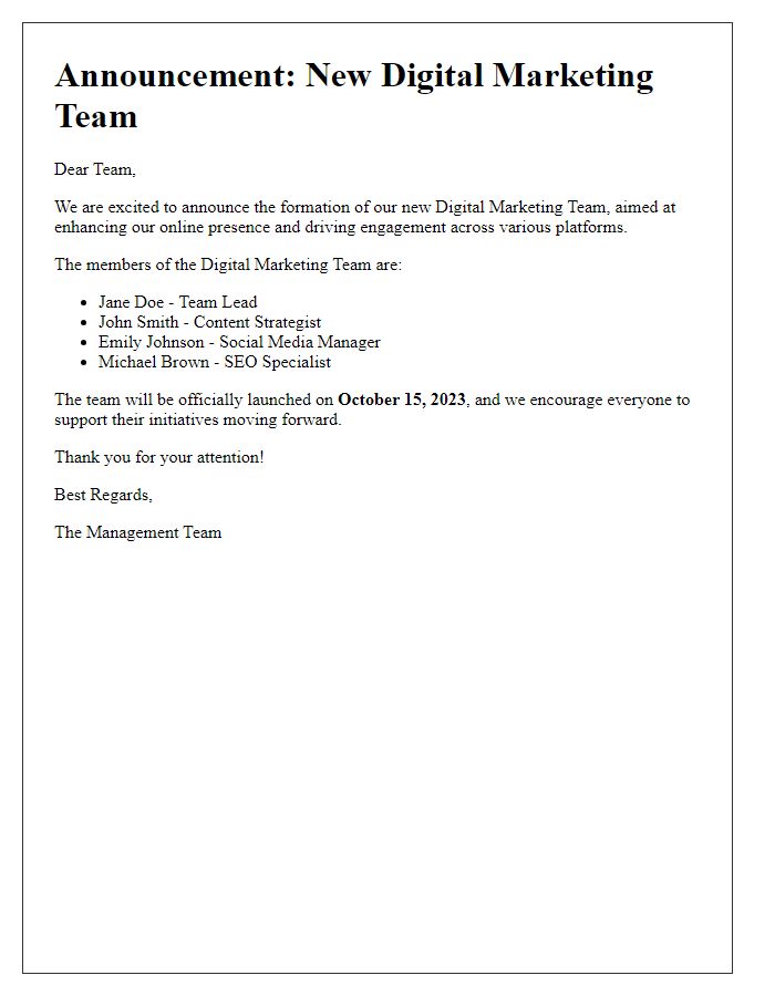 Letter template of digital marketing team announcement