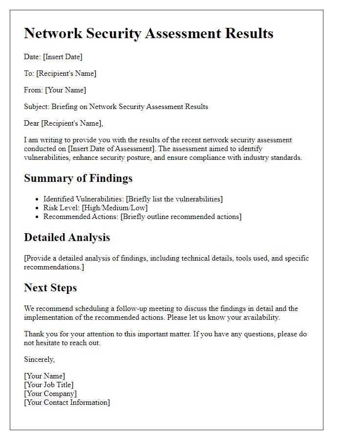 Letter template of network security assessment results briefing