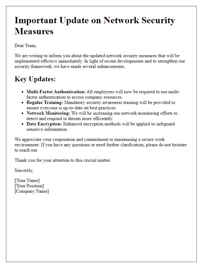 Letter template of updated network security measures communication