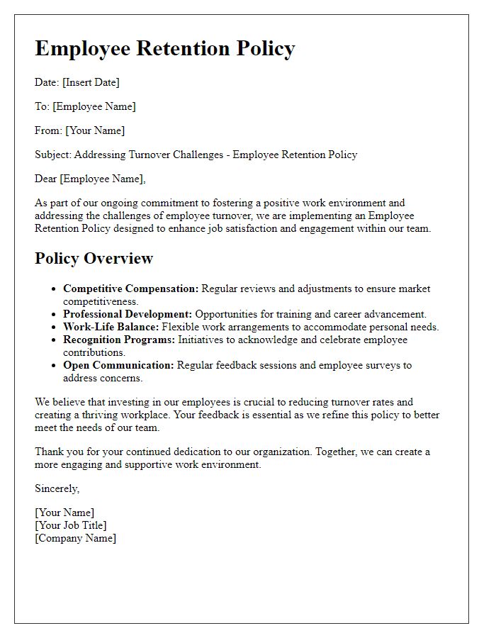 Letter template of employee retention policy for addressing turnover challenges