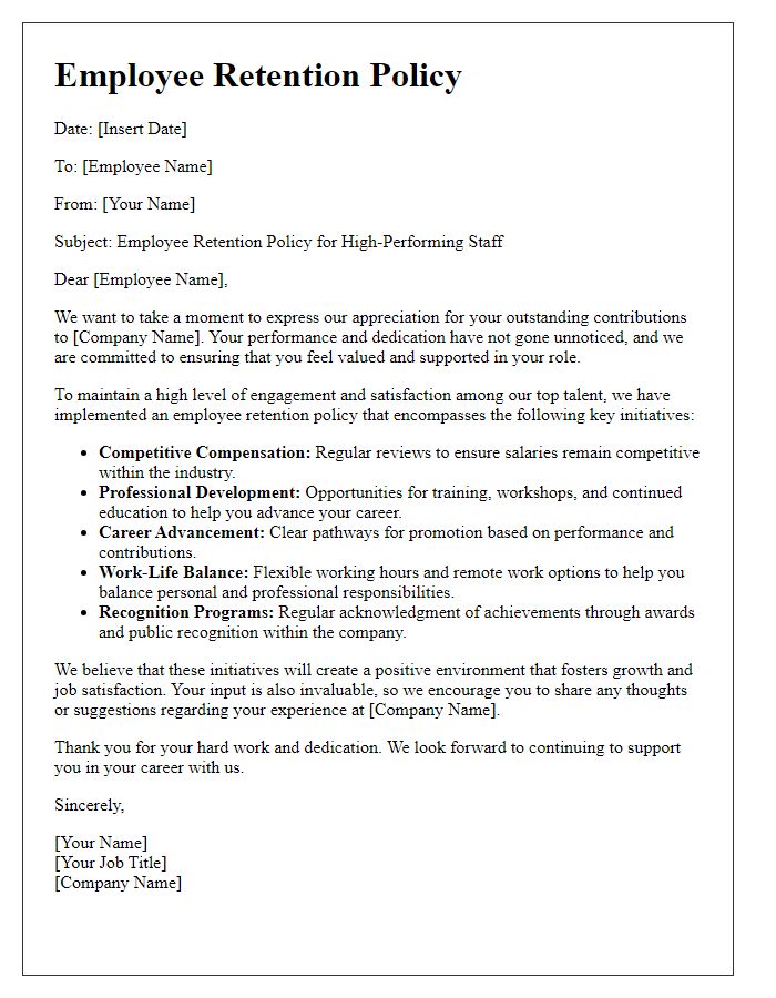 Letter template of employee retention policy for high-performing staff