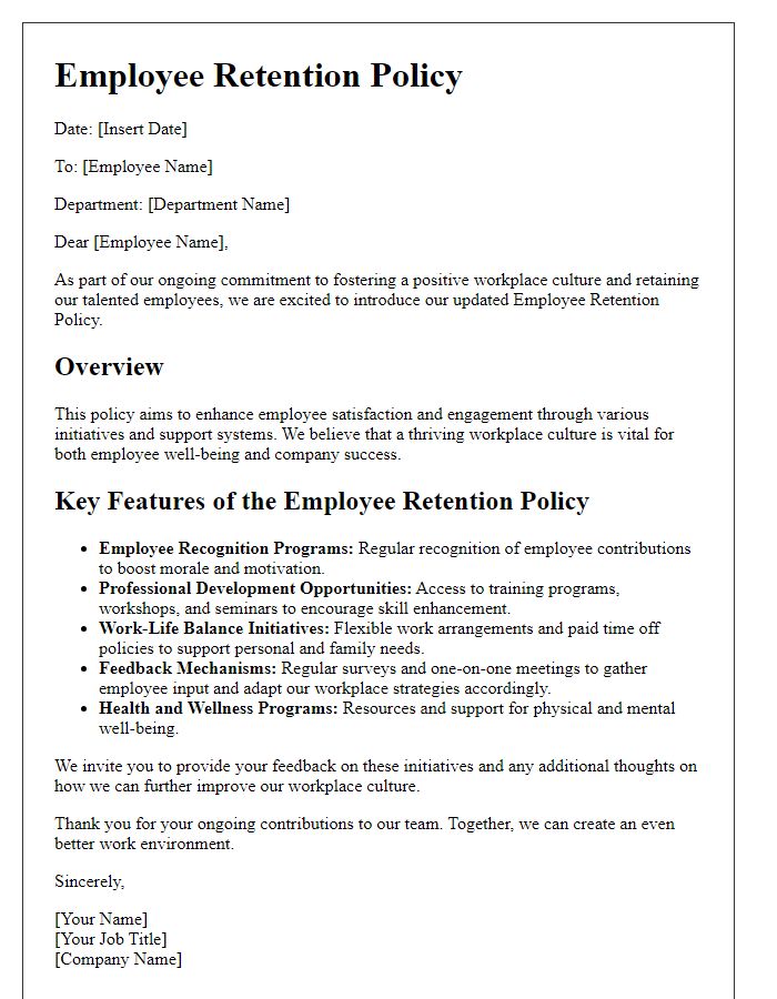 Letter template of employee retention policy for improving workplace culture