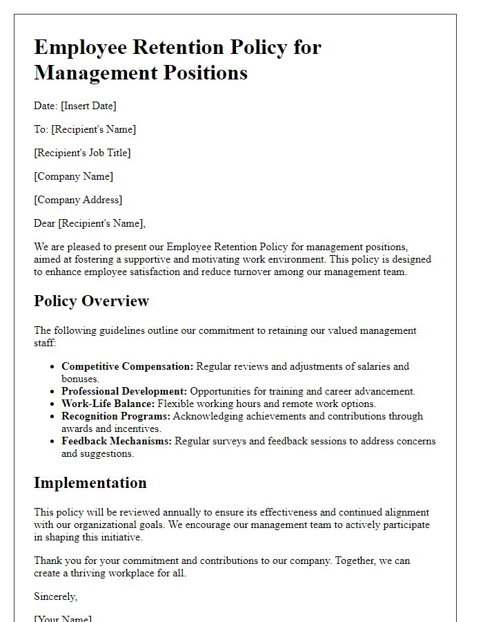 Letter template of employee retention policy for management positions