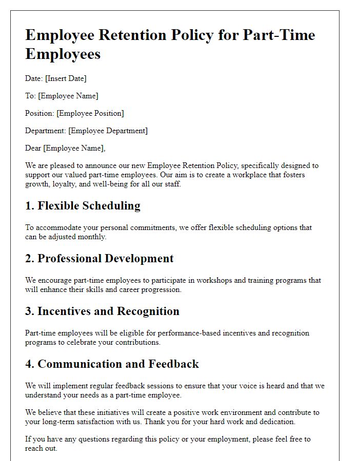 Letter template of employee retention policy for part-time employees