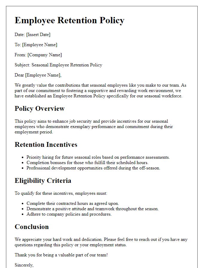 Letter template of employee retention policy for seasonal employees