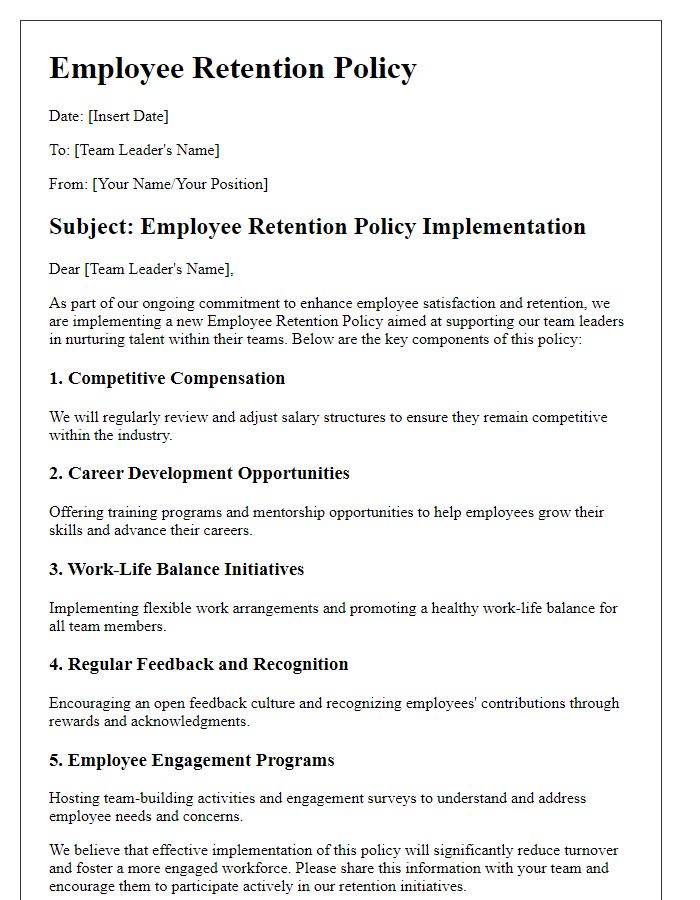 Letter template of employee retention policy for team leaders