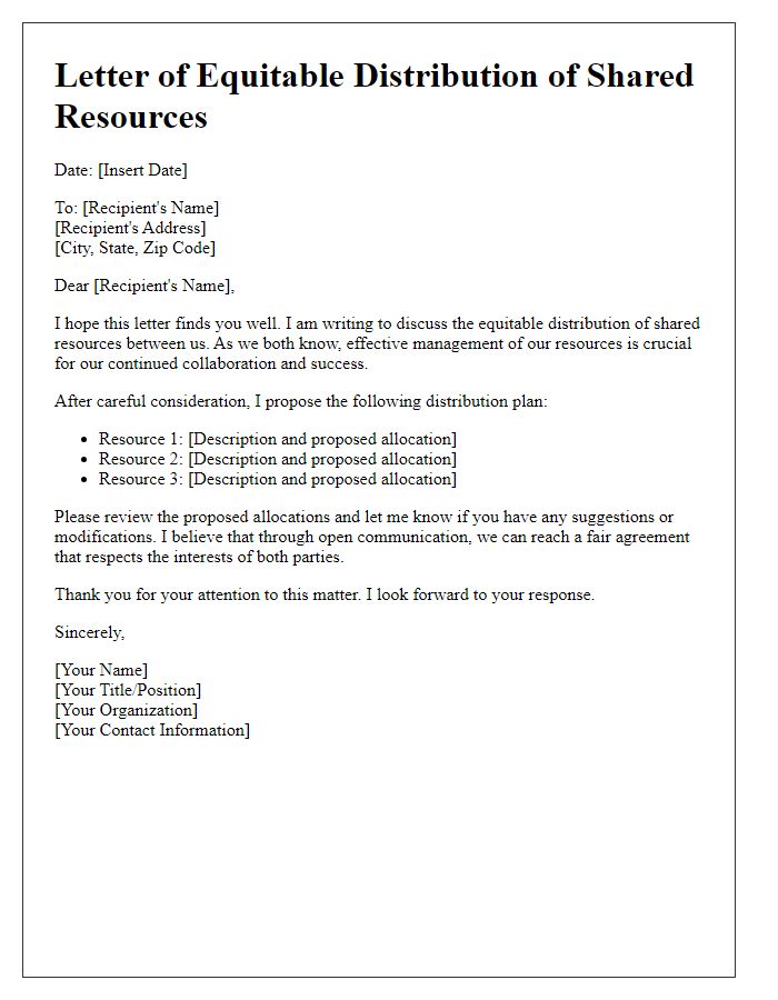 Letter template of equitable distribution of shared resources