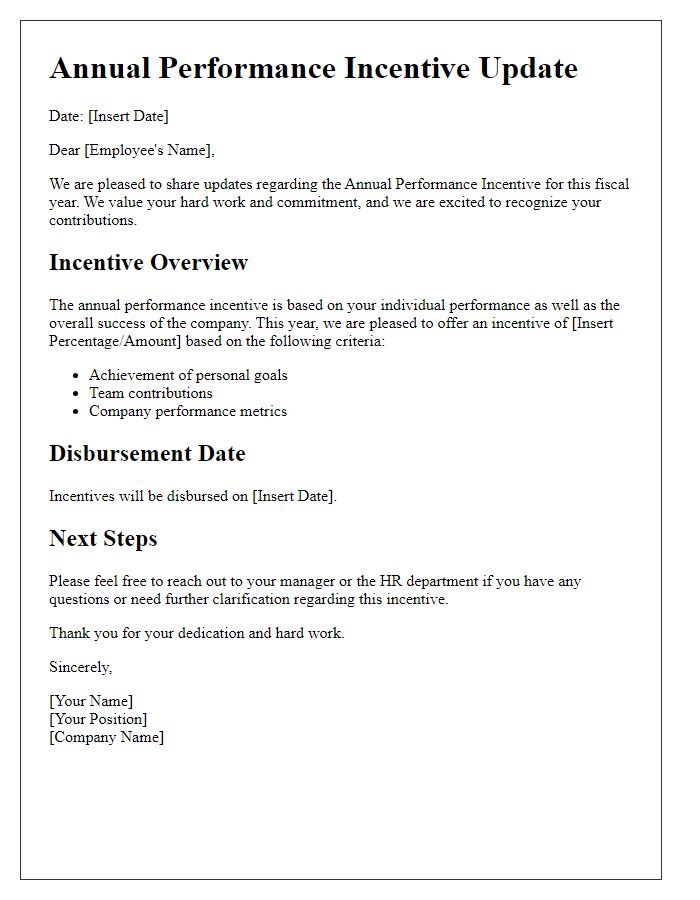 Letter template of annual performance incentive updates