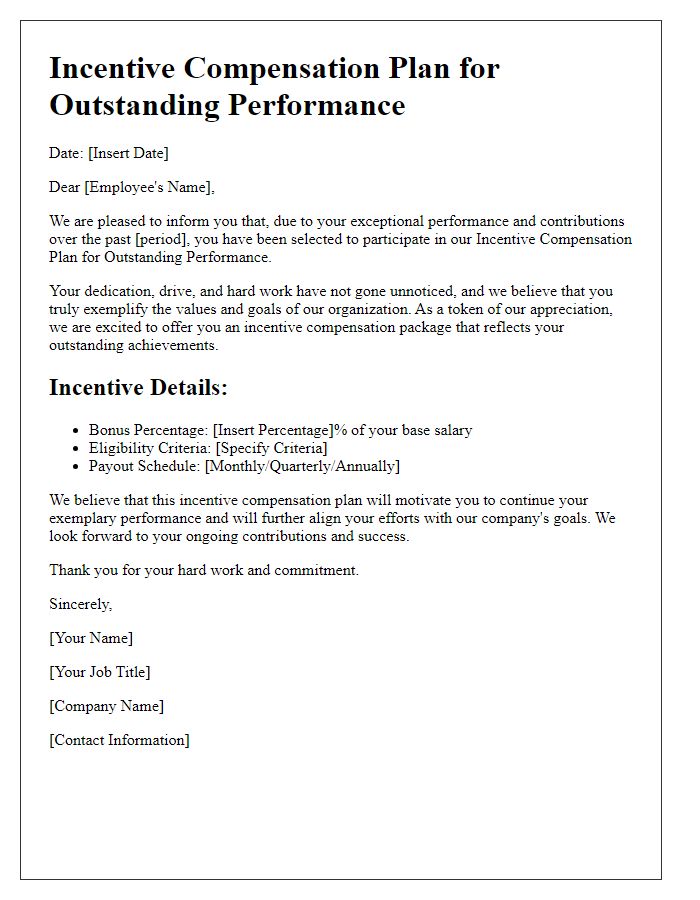 Letter template of incentive compensation plan for outstanding performance