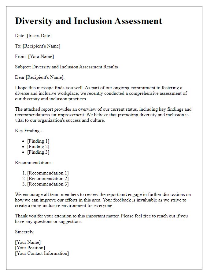 Letter template of diversity and inclusion assessment