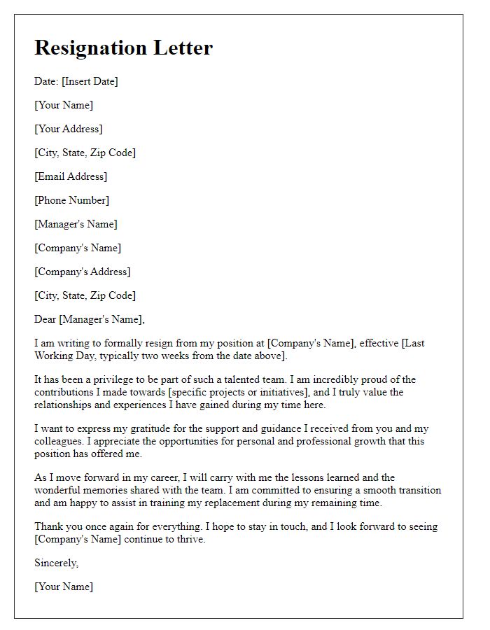 Letter template of formal job resignation addressing team contributions